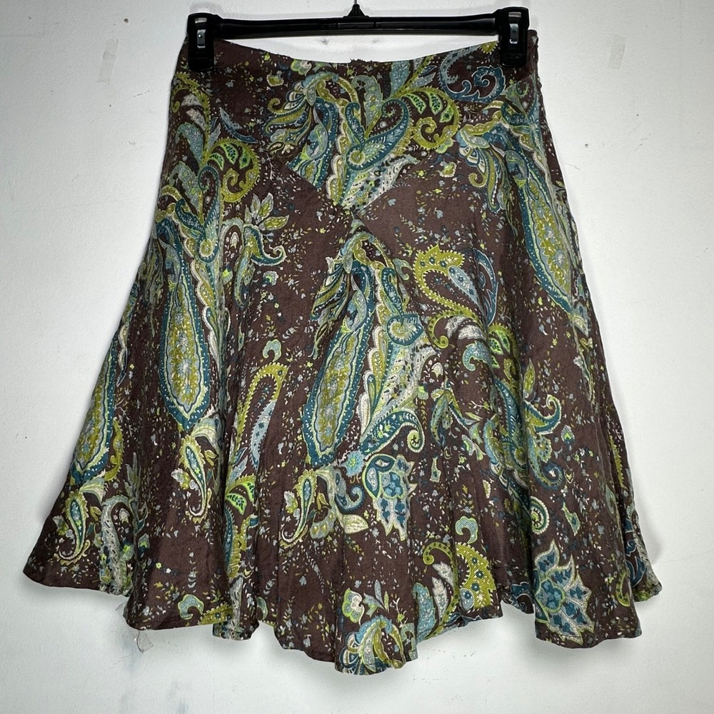 Worthington Silk Cotton Paisley Midi Skirt Brown Teal Green A-Line Size 10